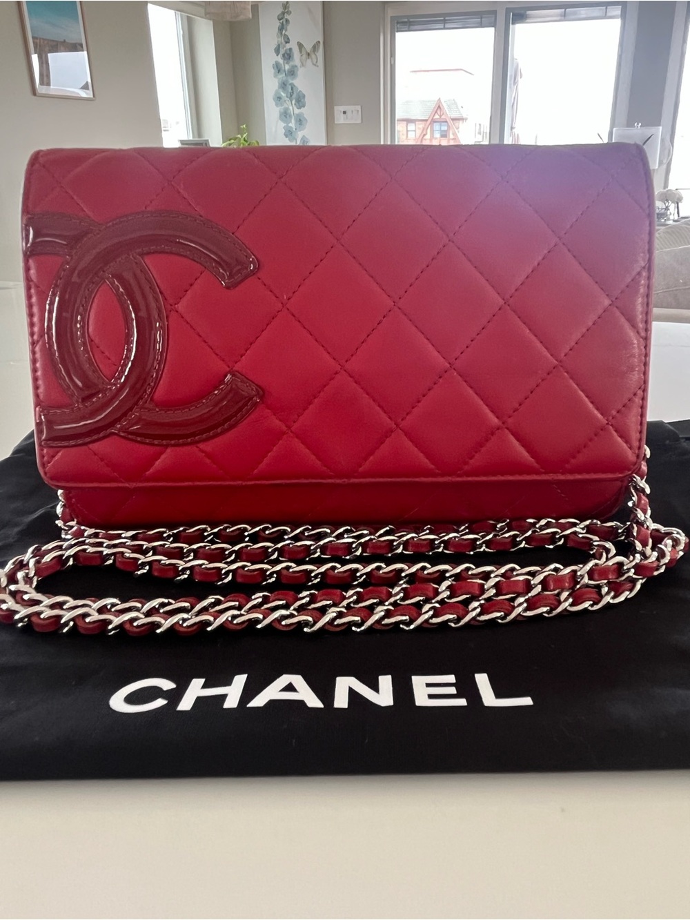 CHANEL Cambon Ligne Wallet on Chain (WOC) Red Quilted Leather Silver Hardware